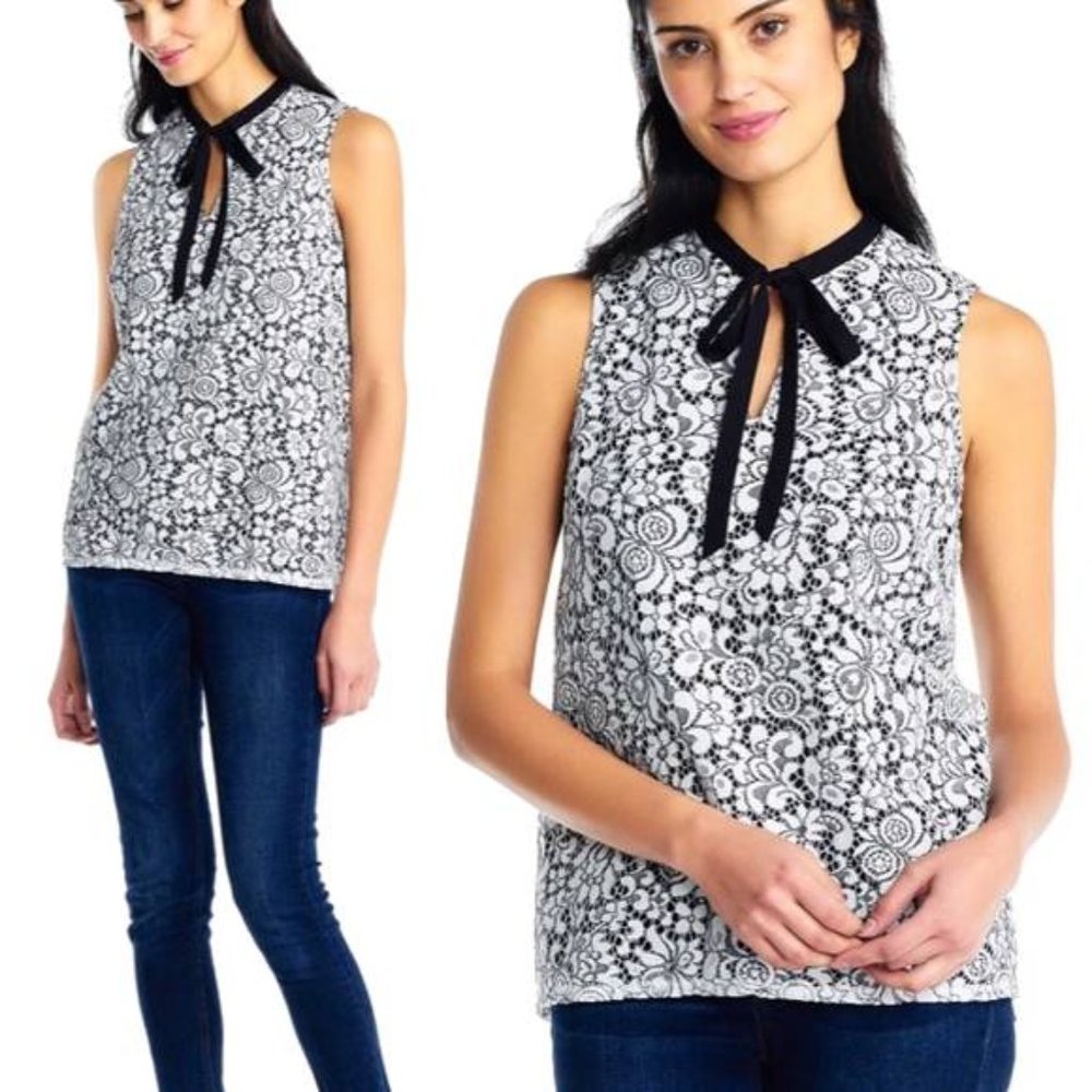 Adrianna Papell Sleeveless Pussycat Bow Tie-Neck Lace Top